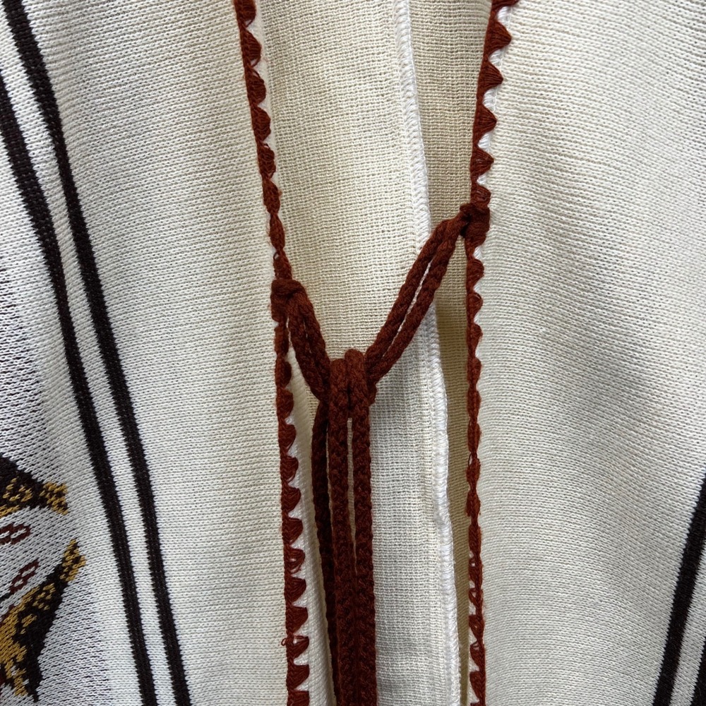 Vintage 70s Sweater Poncho Serape Womens OS Cream Brown Fringe Tie Front Cape - Picture 5 of 10